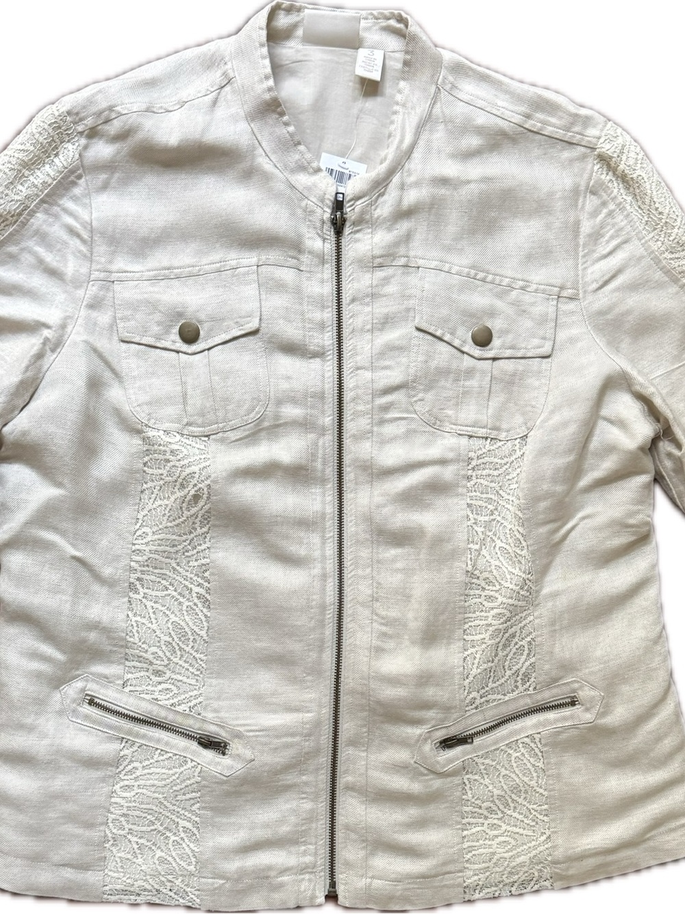 Chico's Cream Zip-Front Utility Jacket with Lace Panels